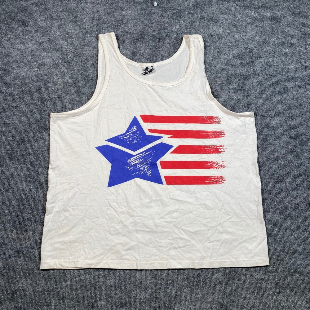 Vintage Activology Mens Tank Top White Patriotic Star Stripes USA Made One Size